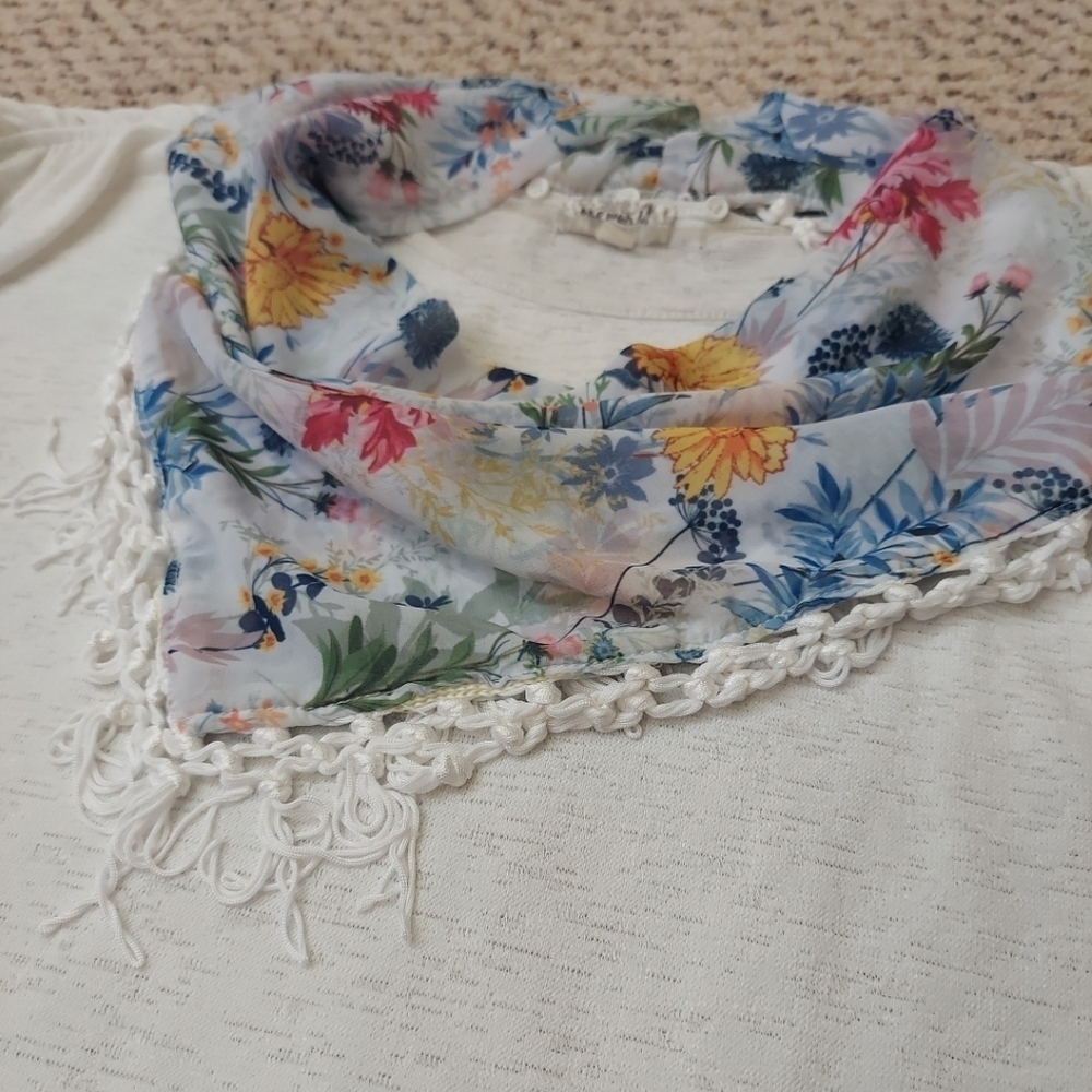 One World Live and Let Live Floral Shirt w Scarf XXL Blouse NWOT - Picture 8 of 11